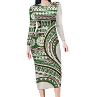 Hawaiian Hibiscus Tribal Vintage Motif Family Matching Long Sleeve Bodycon Dress and Hawaiian Shirt Ver 7 LT9 Mom's Dress Green - Polynesian Pride