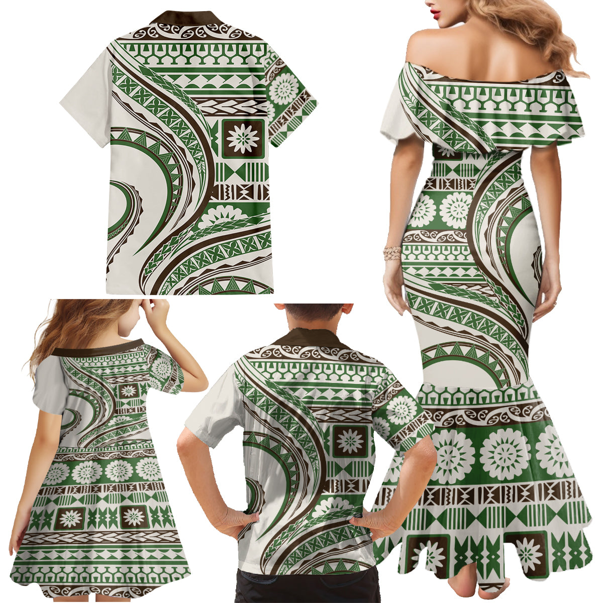 Hawaiian Hibiscus Tribal Vintage Motif Family Matching Mermaid Dress and Hawaiian Shirt Ver 7 LT9 - Polynesian Pride