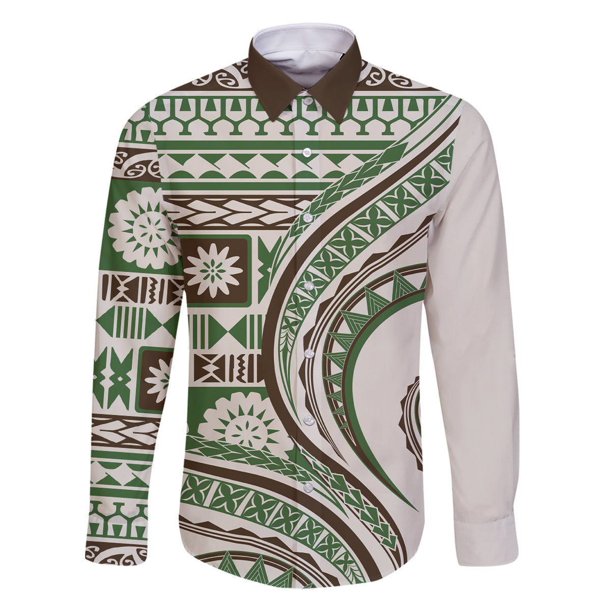 Hawaiian Hibiscus Tribal Vintage Motif Family Matching Mermaid Dress and Hawaiian Shirt Ver 7 LT9 Dad's Shirt - Long Sleeve Green - Polynesian Pride