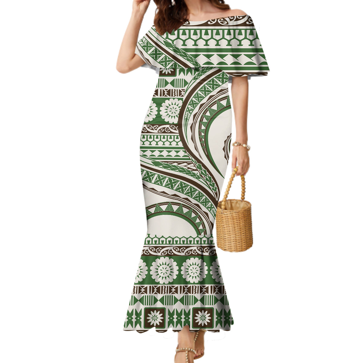 Hawaiian Hibiscus Tribal Vintage Motif Family Matching Mermaid Dress and Hawaiian Shirt Ver 7 LT9 Mom's Dress Green - Polynesian Pride