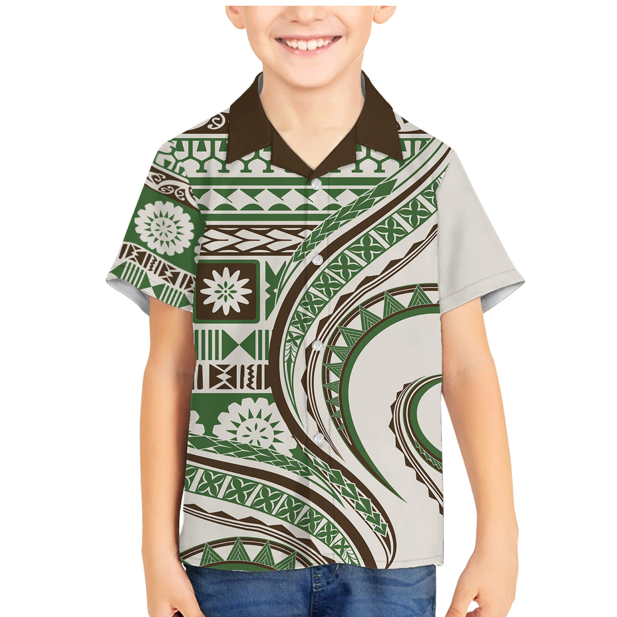 Hawaiian Hibiscus Tribal Vintage Motif Family Matching Mermaid Dress and Hawaiian Shirt Ver 7 LT9 Son's Shirt Green - Polynesian Pride
