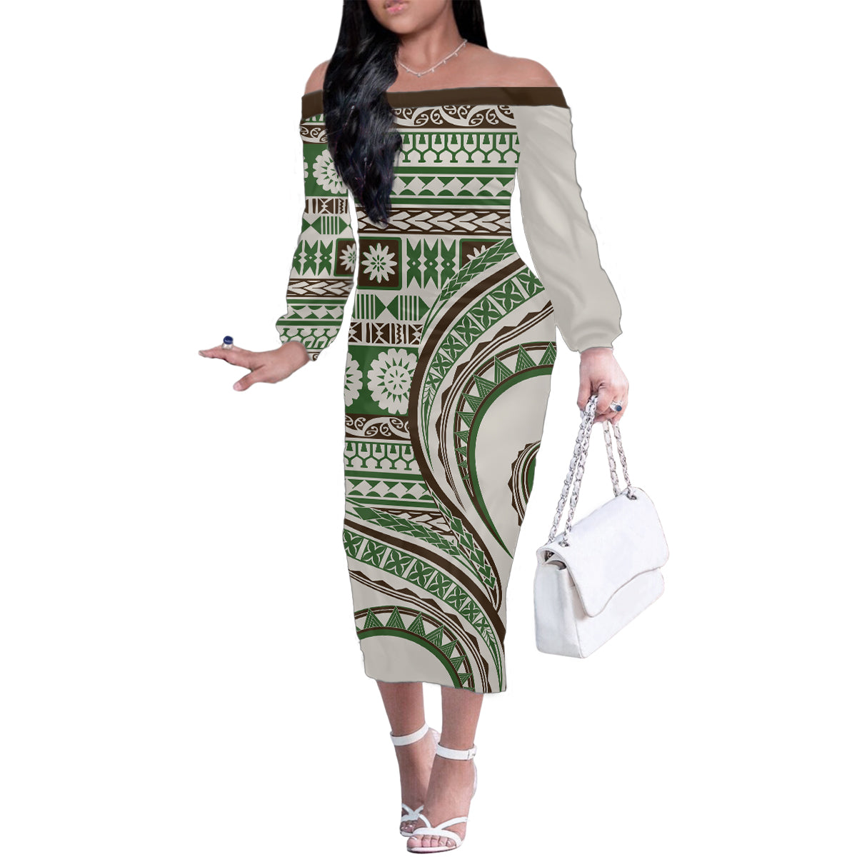 Hawaiian Hibiscus Tribal Vintage Motif Family Matching Off The Shoulder Long Sleeve Dress and Hawaiian Shirt Ver 7 LT9 Mom's Dress Green - Polynesian Pride