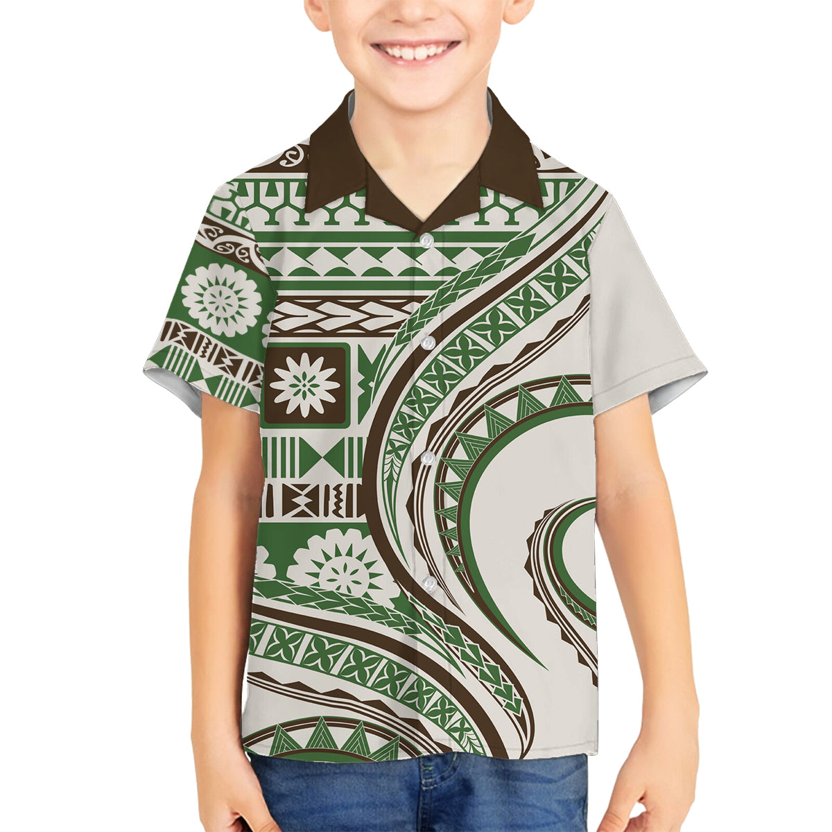Hawaiian Hibiscus Tribal Vintage Motif Family Matching Off The Shoulder Long Sleeve Dress and Hawaiian Shirt Ver 7 LT9 Son's Shirt Green - Polynesian Pride