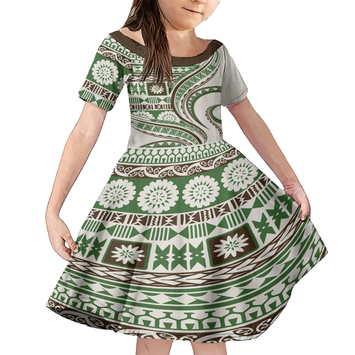 Hawaiian Hibiscus Tribal Vintage Motif Family Matching Off Shoulder Maxi Dress and Hawaiian Shirt Ver 7 LT9 Daughter's Dress Green - Polynesian Pride