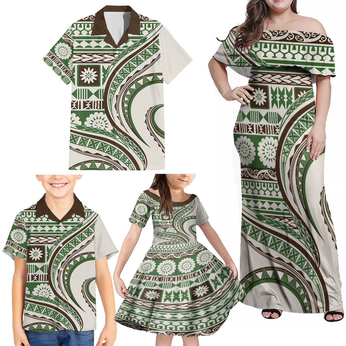 Hawaiian Hibiscus Tribal Vintage Motif Family Matching Off Shoulder Maxi Dress and Hawaiian Shirt Ver 7 LT9 - Polynesian Pride
