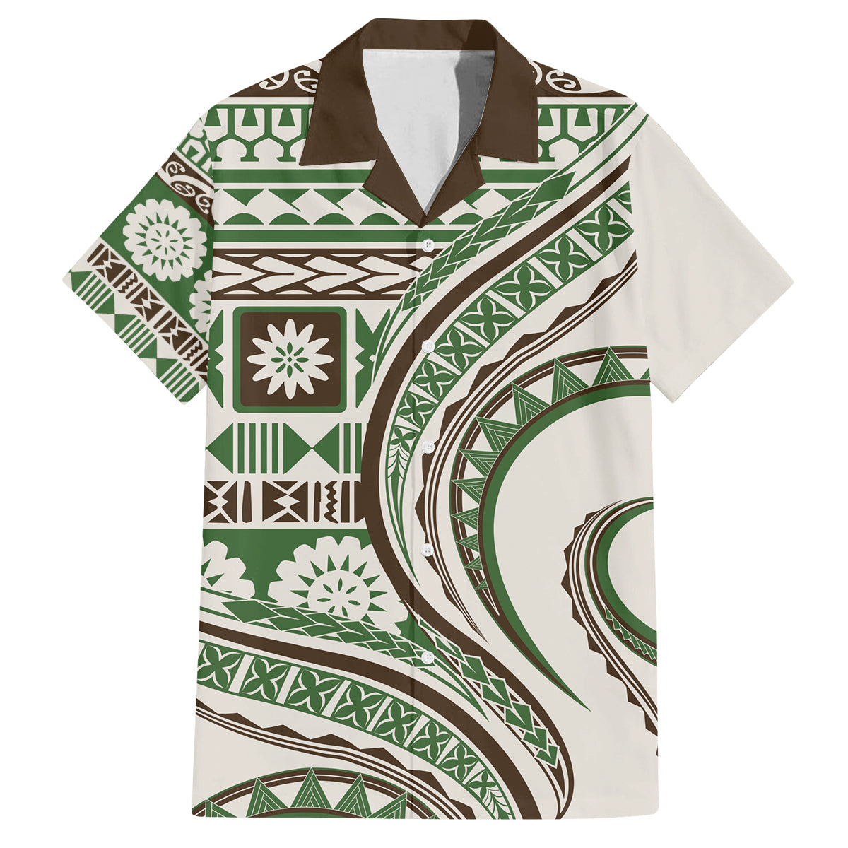 Hawaiian Hibiscus Tribal Vintage Motif Family Matching Off Shoulder Maxi Dress and Hawaiian Shirt Ver 7 LT9 Dad's Shirt - Short Sleeve Green - Polynesian Pride
