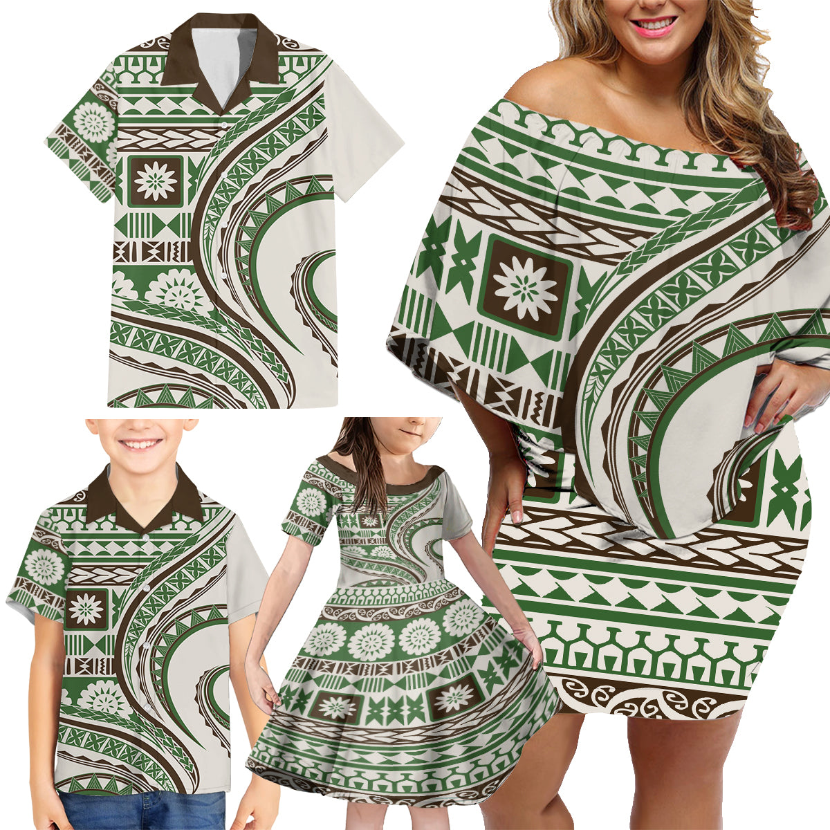 Hawaiian Hibiscus Tribal Vintage Motif Family Matching Off Shoulder Short Dress and Hawaiian Shirt Ver 7 LT9 - Polynesian Pride
