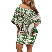 Hawaiian Hibiscus Tribal Vintage Motif Family Matching Off Shoulder Short Dress and Hawaiian Shirt Ver 7 LT9 Mom's Dress Green - Polynesian Pride