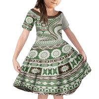 Hawaiian Hibiscus Tribal Vintage Motif Family Matching Short Sleeve Bodycon Dress and Hawaiian Shirt Ver 7 LT9 Daughter's Dress Green - Polynesian Pride