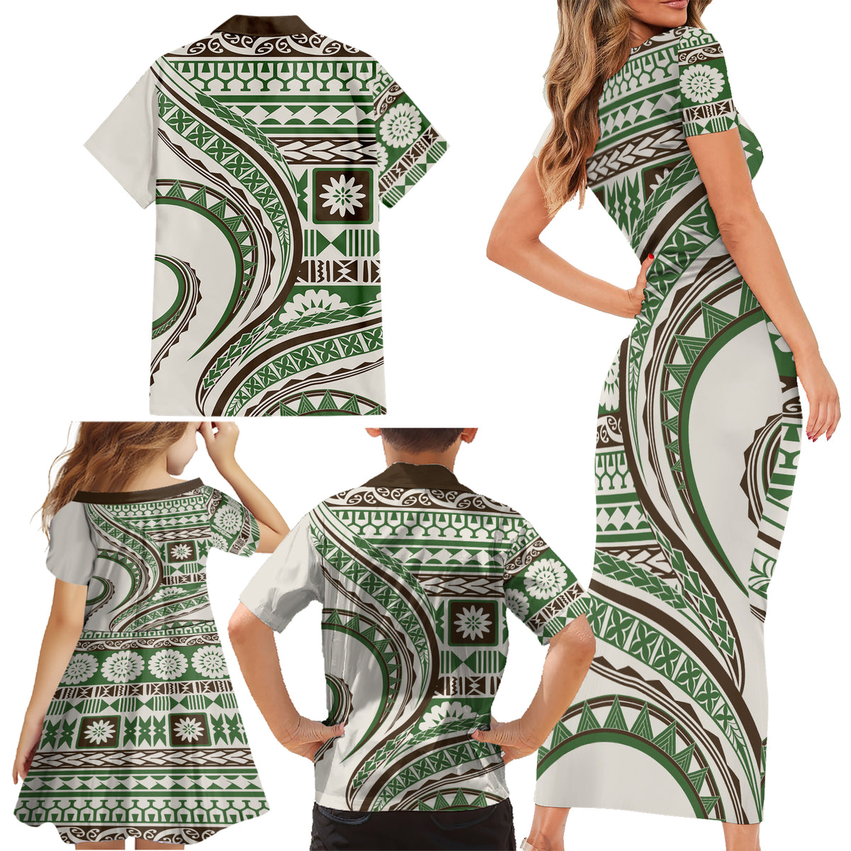Hawaiian Hibiscus Tribal Vintage Motif Family Matching Short Sleeve Bodycon Dress and Hawaiian Shirt Ver 7 LT9 - Polynesian Pride