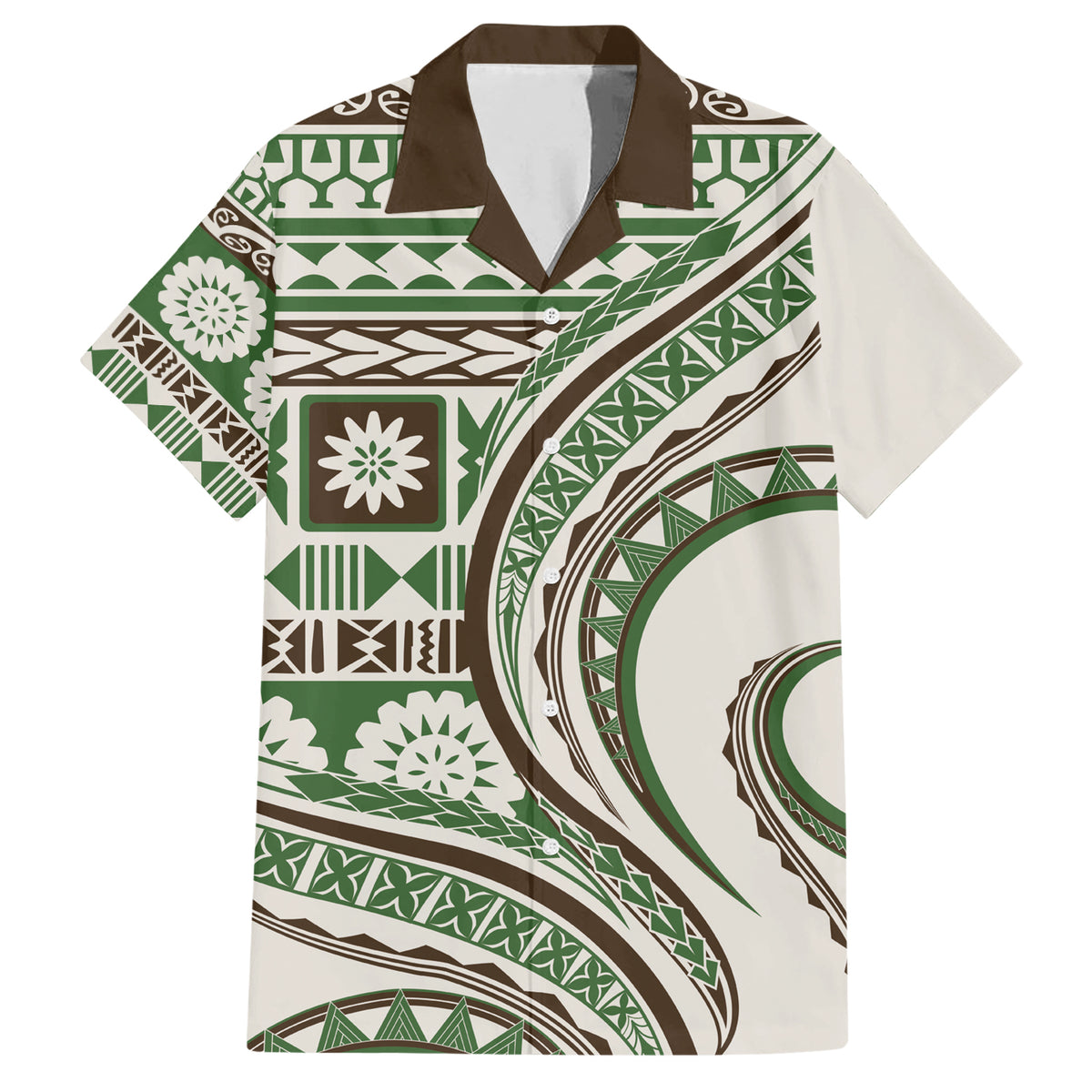 Hawaiian Hibiscus Tribal Vintage Motif Family Matching Short Sleeve Bodycon Dress and Hawaiian Shirt Ver 7 LT9 Dad's Shirt - Short Sleeve Green - Polynesian Pride