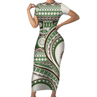 Hawaiian Hibiscus Tribal Vintage Motif Family Matching Short Sleeve Bodycon Dress and Hawaiian Shirt Ver 7 LT9 Mom's Dress Green - Polynesian Pride