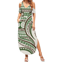 Hawaiian Hibiscus Tribal Vintage Motif Family Matching Summer Maxi Dress and Hawaiian Shirt Ver 7 LT9 Mom's Dress Green - Polynesian Pride