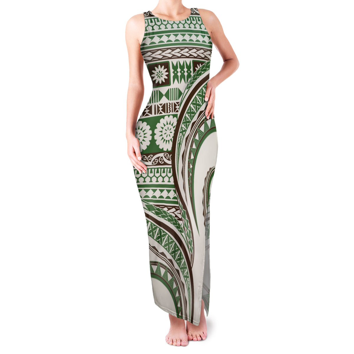Hawaiian Hibiscus Tribal Vintage Motif Family Matching Tank Maxi Dress and Hawaiian Shirt Ver 7 LT9 Mom's Dress Green - Polynesian Pride