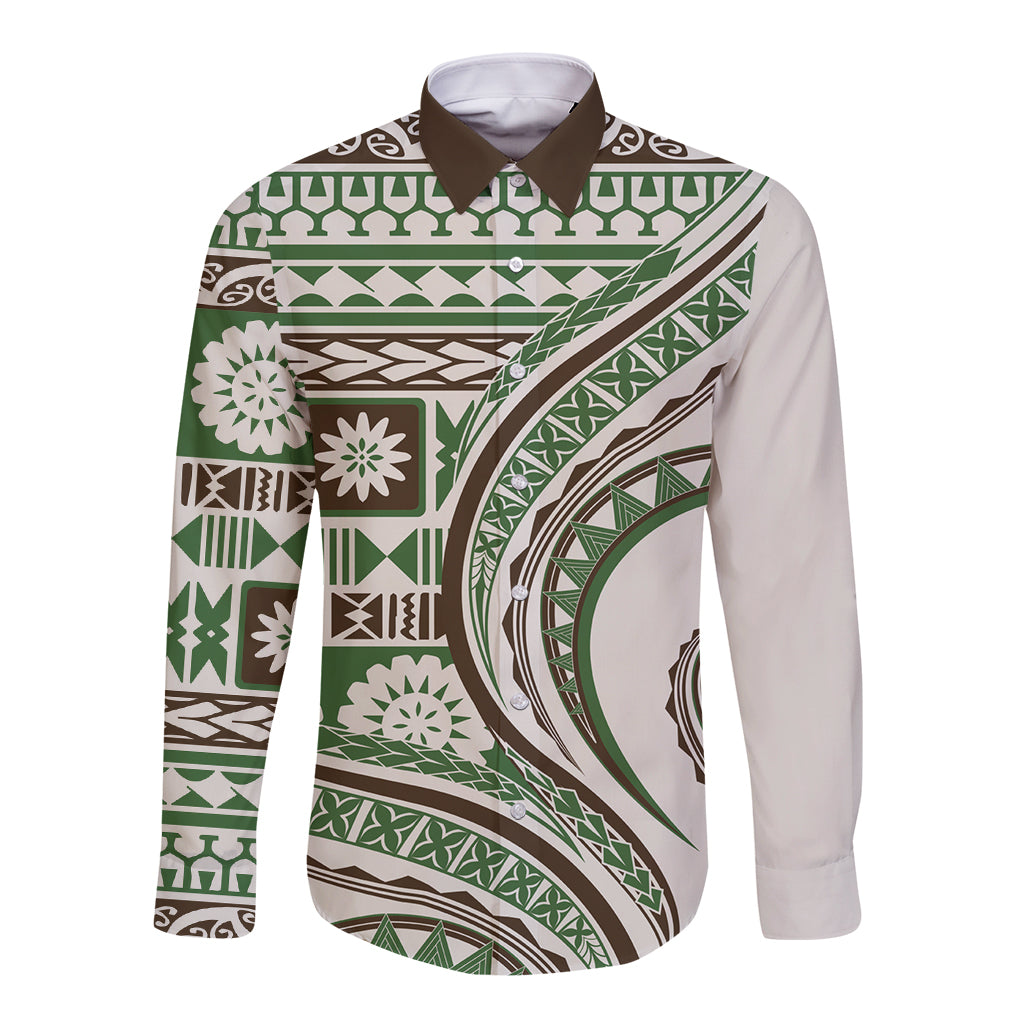 Hawaiian Hibiscus Tribal Vintage Motif Long Sleeve Button Shirt Ver 7 LT9 Unisex Green - Polynesian Pride