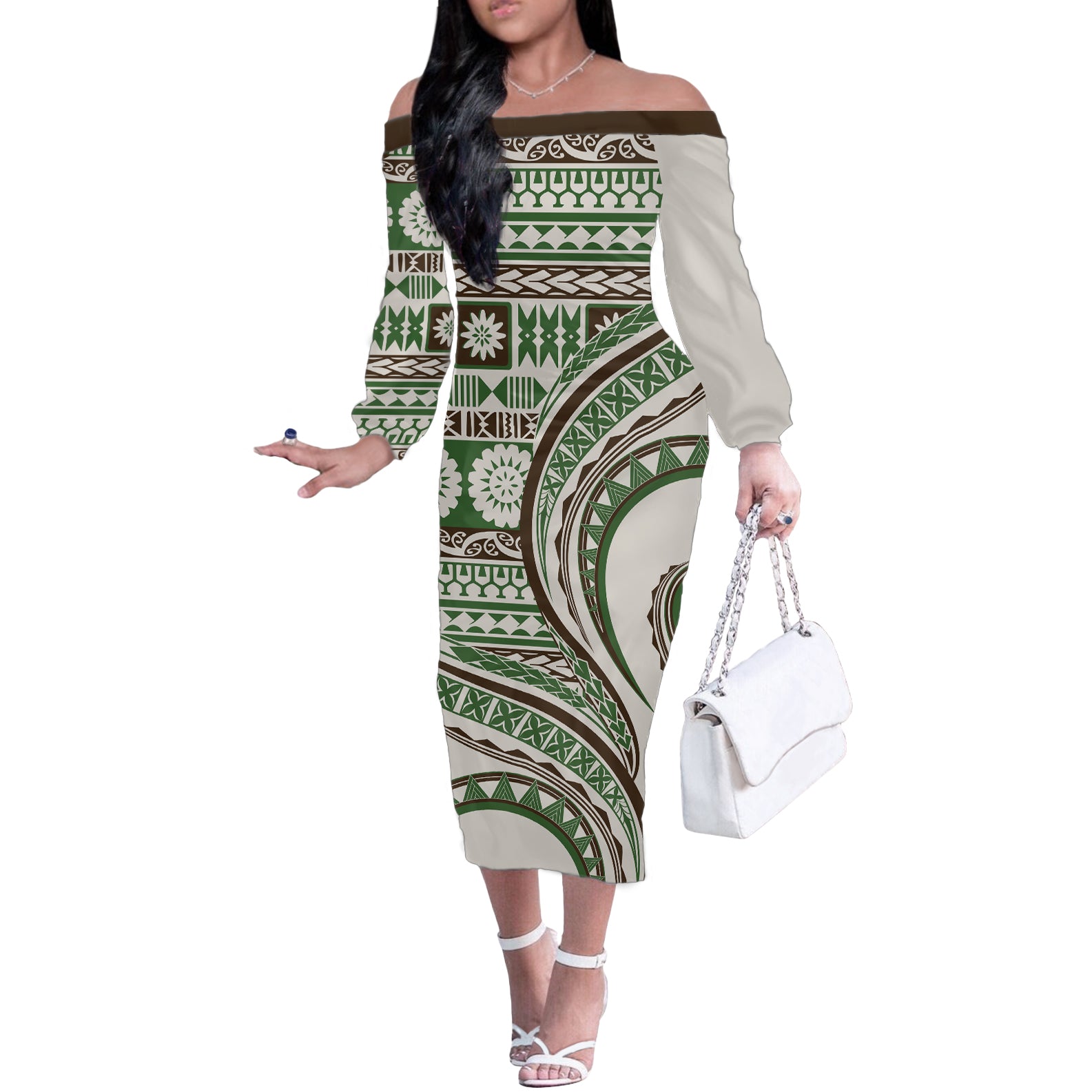 Hawaiian Hibiscus Tribal Vintage Motif Off The Shoulder Long Sleeve Dress Ver 7 LT9 Women Green - Polynesian Pride
