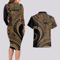 Hawaiian Hibiscus Tribal Vintage Motif Couples Matching Long Sleeve Bodycon Dress and Hawaiian Shirt Ver 8 LT9 - Polynesian Pride
