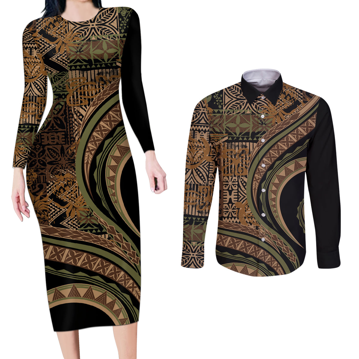 Hawaiian Hibiscus Tribal Vintage Motif Couples Matching Long Sleeve Bodycon Dress and Long Sleeve Button Shirt Ver 8 LT9 Brown - Polynesian Pride