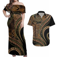 Hawaiian Hibiscus Tribal Vintage Motif Couples Matching Off Shoulder Maxi Dress and Hawaiian Shirt Ver 8 LT9 Brown - Polynesian Pride