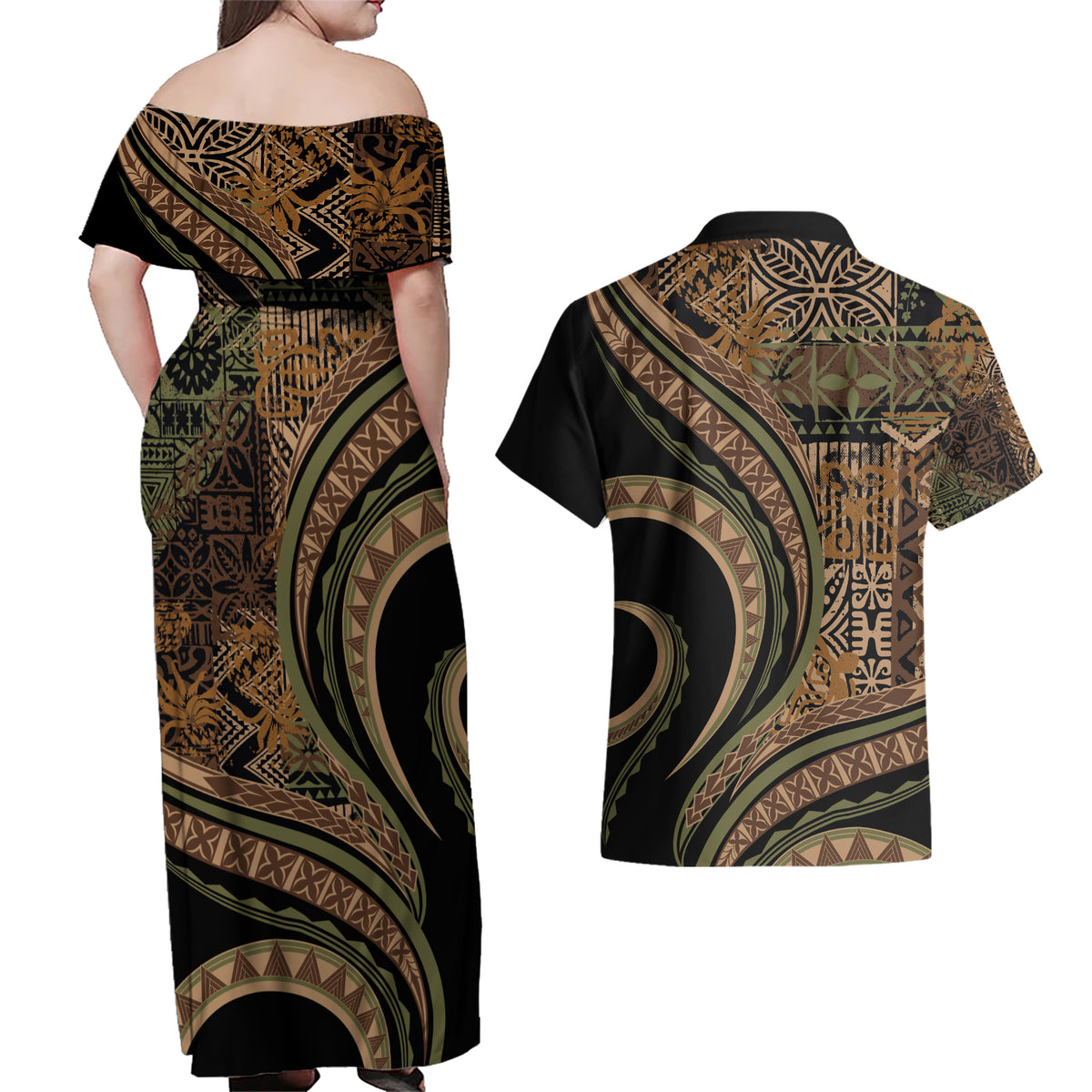 Hawaiian Hibiscus Tribal Vintage Motif Couples Matching Off Shoulder Maxi Dress and Hawaiian Shirt Ver 8 LT9 - Polynesian Pride