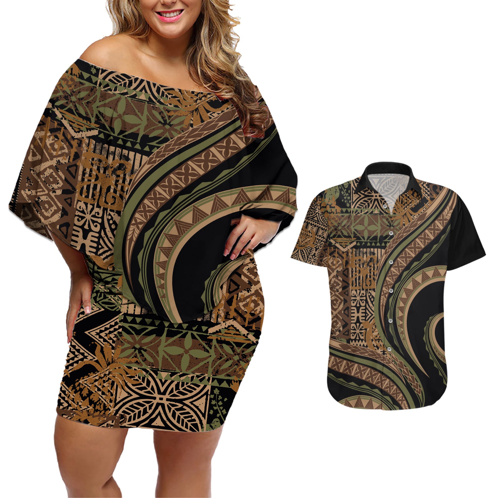 Hawaiian Hibiscus Tribal Vintage Motif Couples Matching Off Shoulder Short Dress and Hawaiian Shirt Ver 8