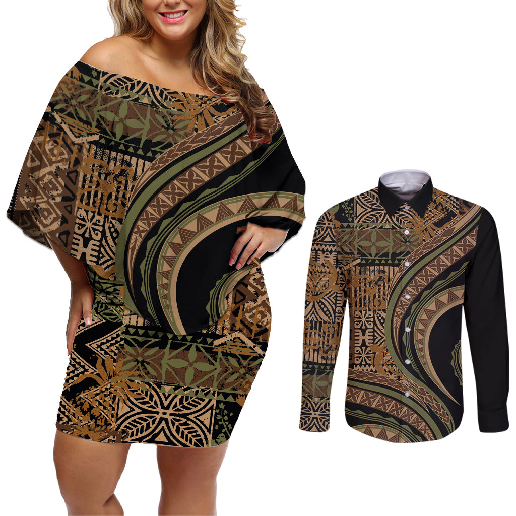 Hawaiian Hibiscus Tribal Vintage Motif Couples Matching Off Shoulder Short Dress and Long Sleeve Button Shirt Ver 8