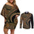 Hawaiian Hibiscus Tribal Vintage Motif Couples Matching Off Shoulder Short Dress and Long Sleeve Button Shirt Ver 8