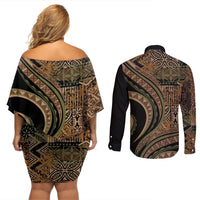Hawaiian Hibiscus Tribal Vintage Motif Couples Matching Off Shoulder Short Dress and Long Sleeve Button Shirt Ver 8
