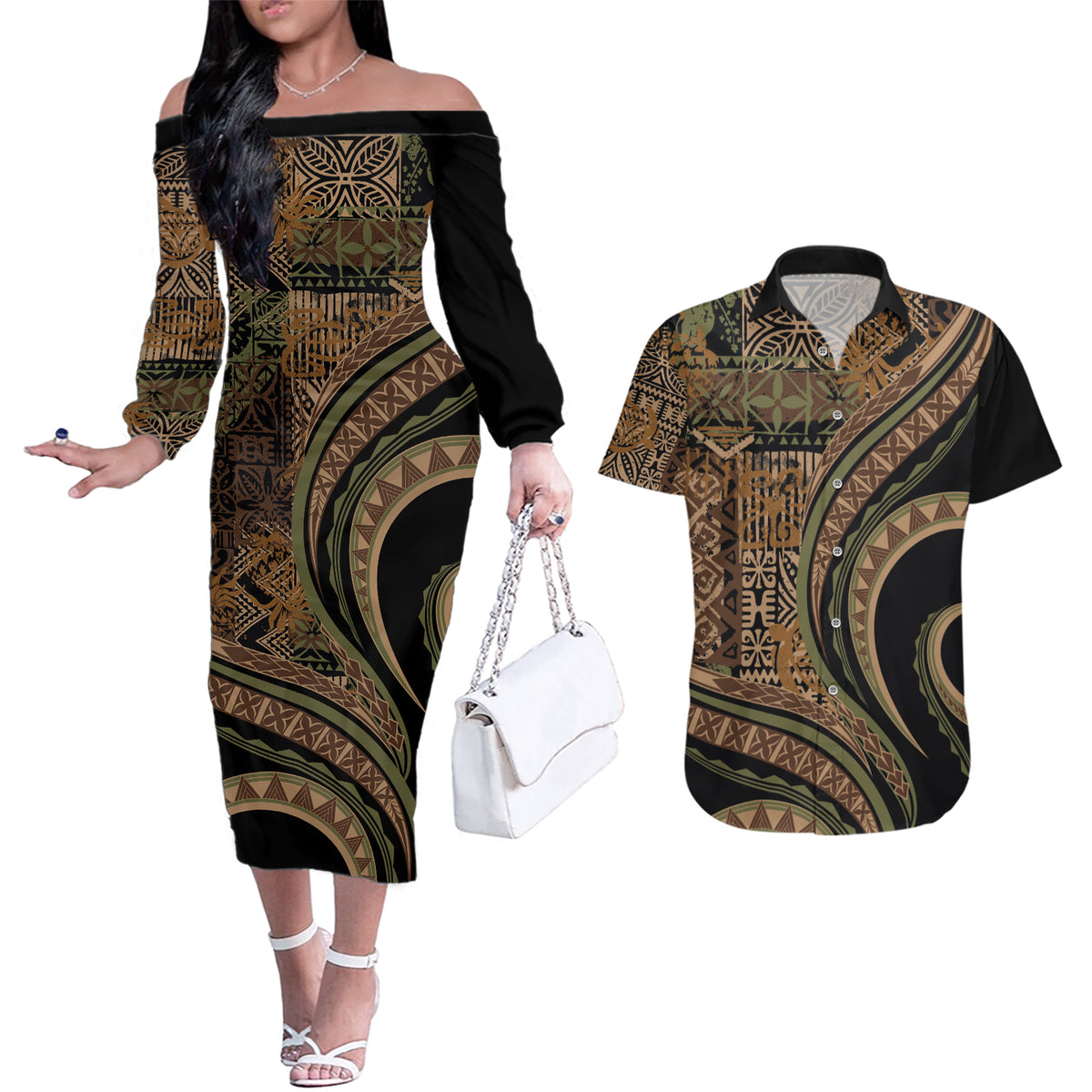 Hawaiian Hibiscus Tribal Vintage Motif Couples Matching Off The Shoulder Long Sleeve Dress and Hawaiian Shirt Ver 8 LT9 Brown - Polynesian Pride
