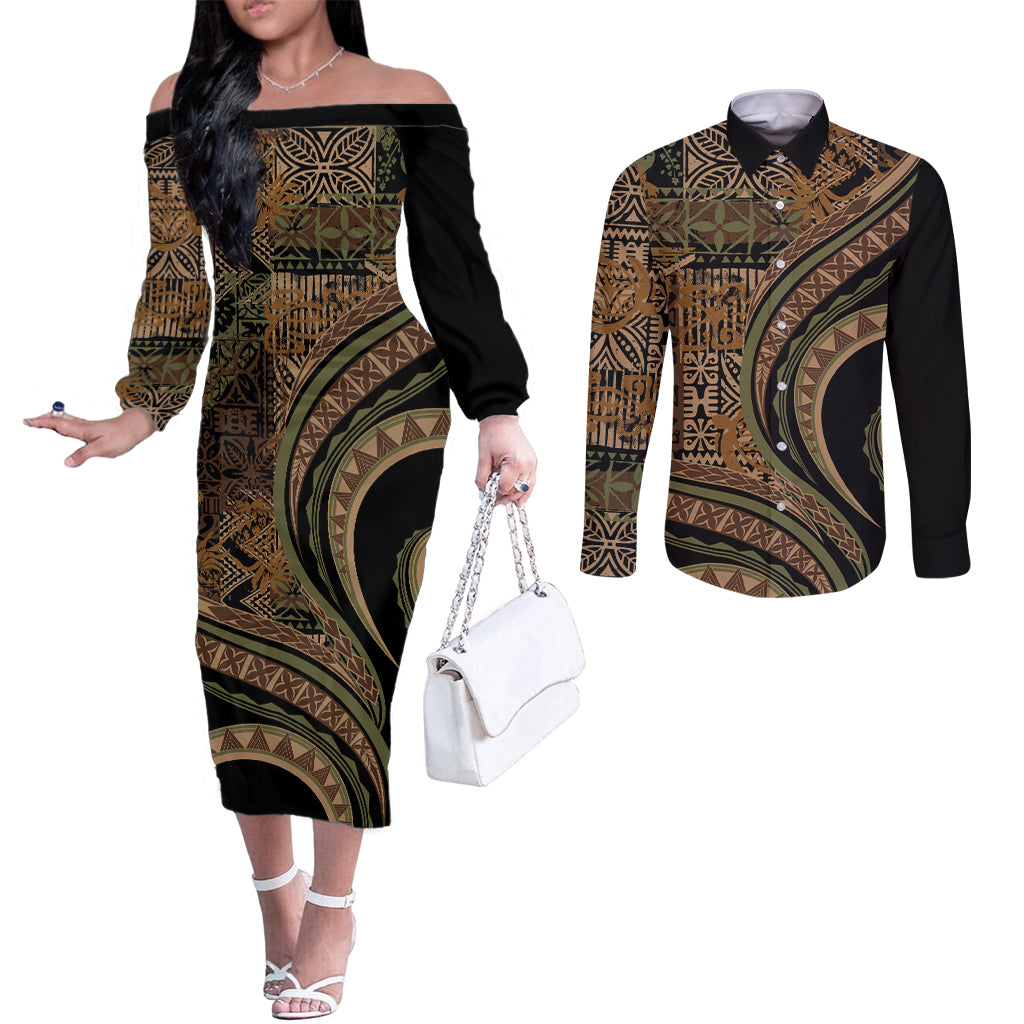 Hawaiian Hibiscus Tribal Vintage Motif Couples Matching Off The Shoulder Long Sleeve Dress and Long Sleeve Button Shirt Ver 8