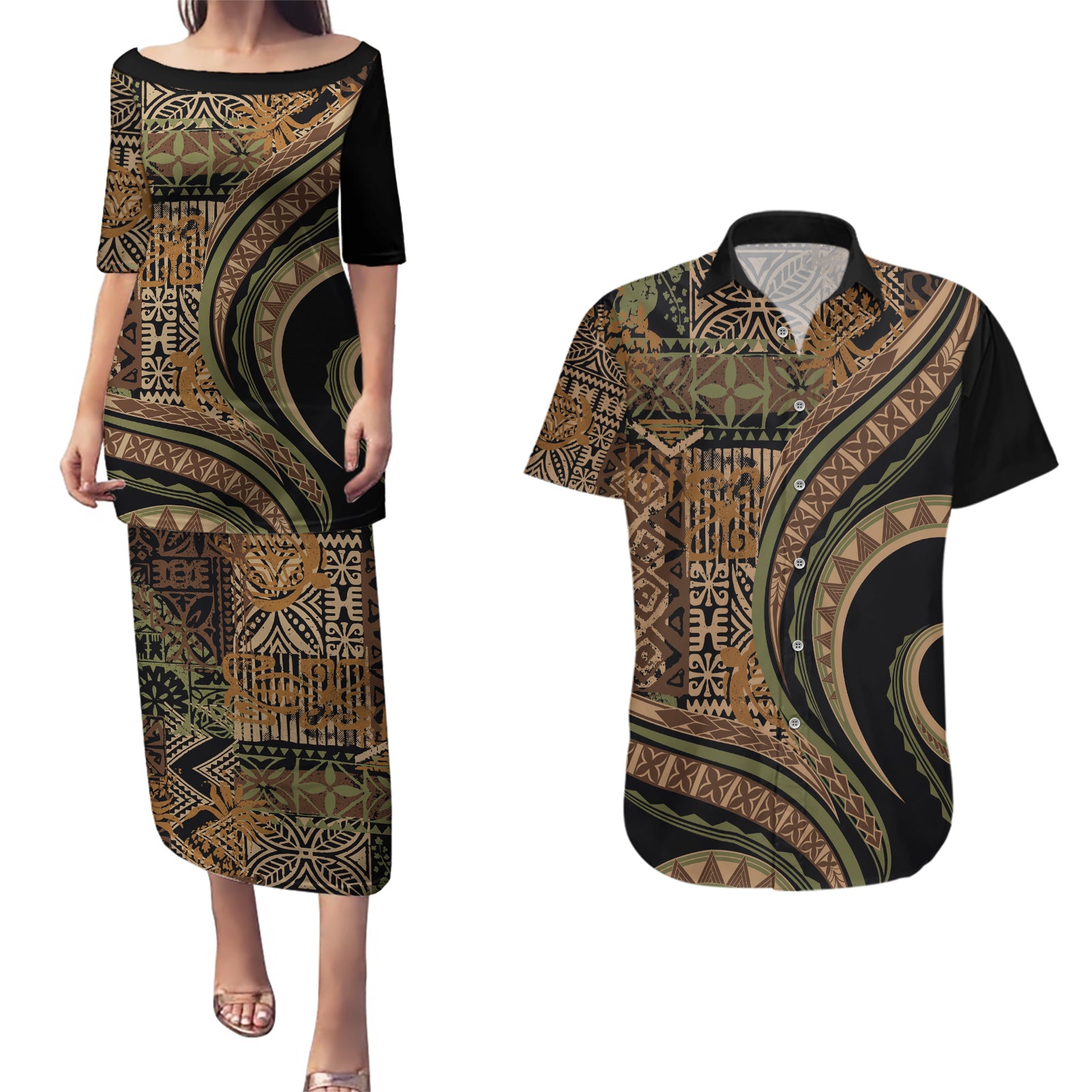Hawaiian Hibiscus Tribal Vintage Motif Couples Matching Puletasi and Hawaiian Shirt Ver 8