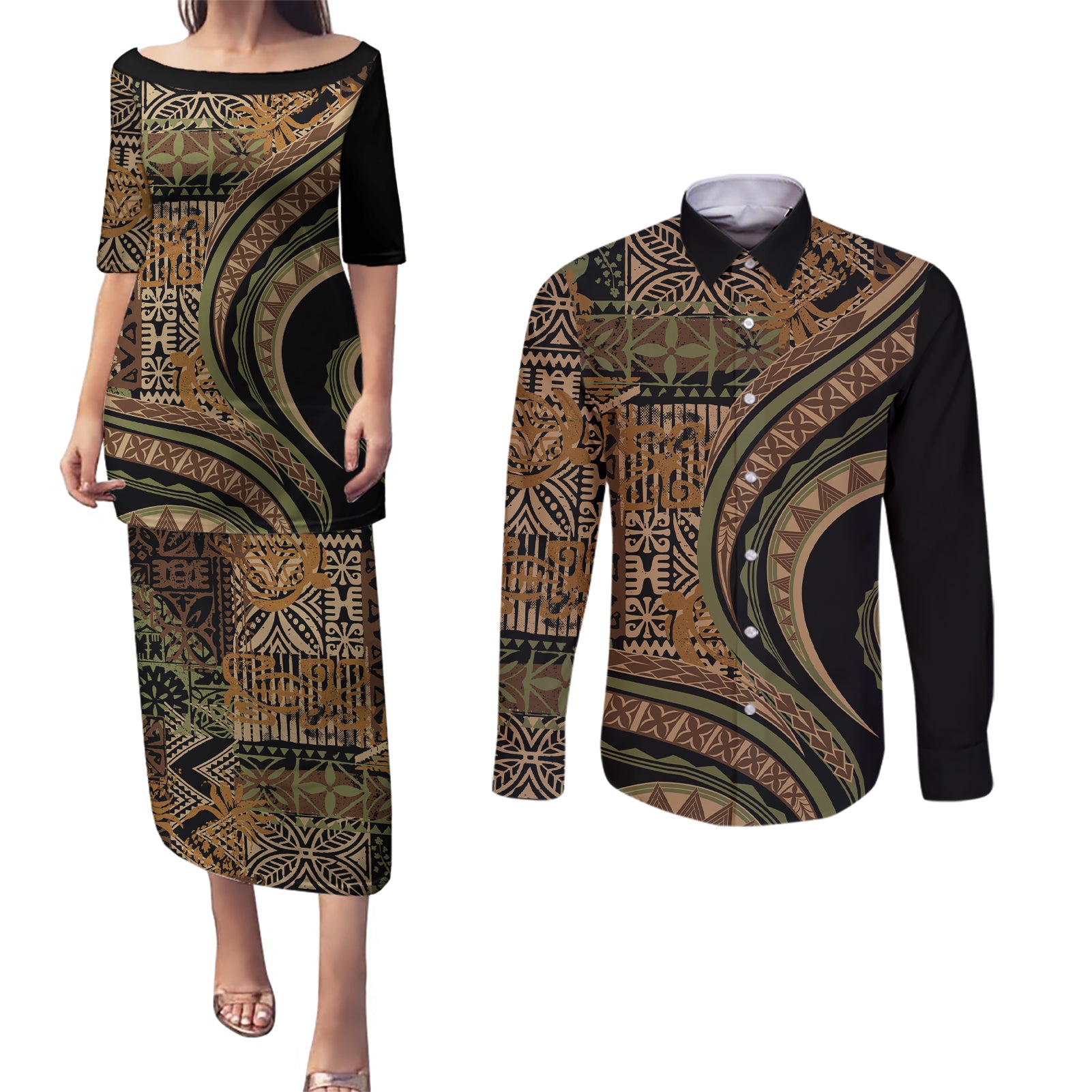 Hawaiian Hibiscus Tribal Vintage Motif Couples Matching Puletasi and Long Sleeve Button Shirt Ver 8