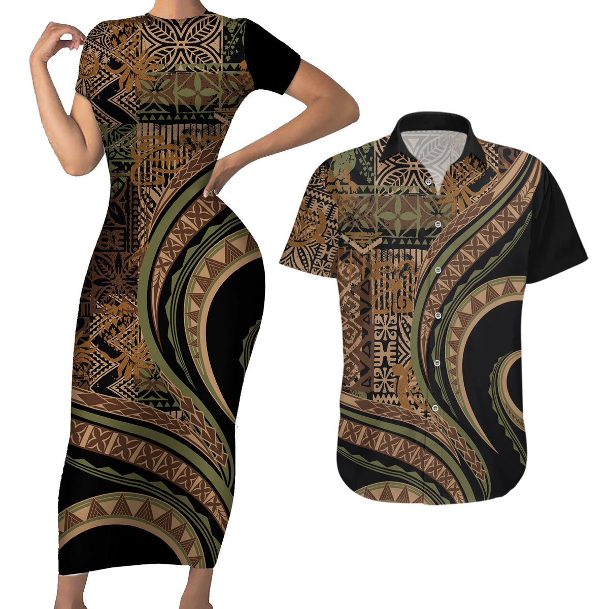 Hawaiian Hibiscus Tribal Vintage Motif Couples Matching Short Sleeve Bodycon Dress and Hawaiian Shirt Ver 8 LT9 Brown - Polynesian Pride