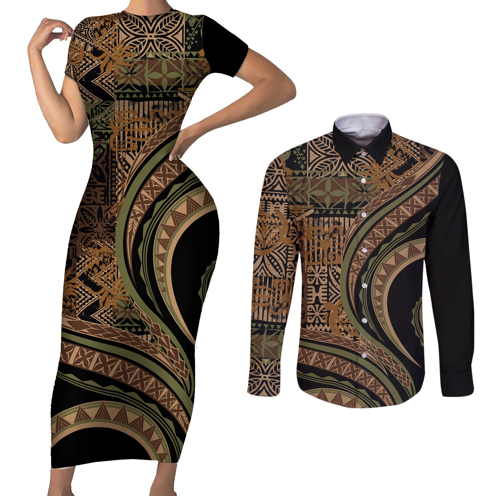 Hawaiian Hibiscus Tribal Vintage Motif Couples Matching Short Sleeve Bodycon Dress and Long Sleeve Button Shirt Ver 8