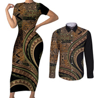 Hawaiian Hibiscus Tribal Vintage Motif Couples Matching Short Sleeve Bodycon Dress and Long Sleeve Button Shirt Ver 8 LT9 Brown - Polynesian Pride