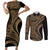 Hawaiian Hibiscus Tribal Vintage Motif Couples Matching Short Sleeve Bodycon Dress and Long Sleeve Button Shirt Ver 8