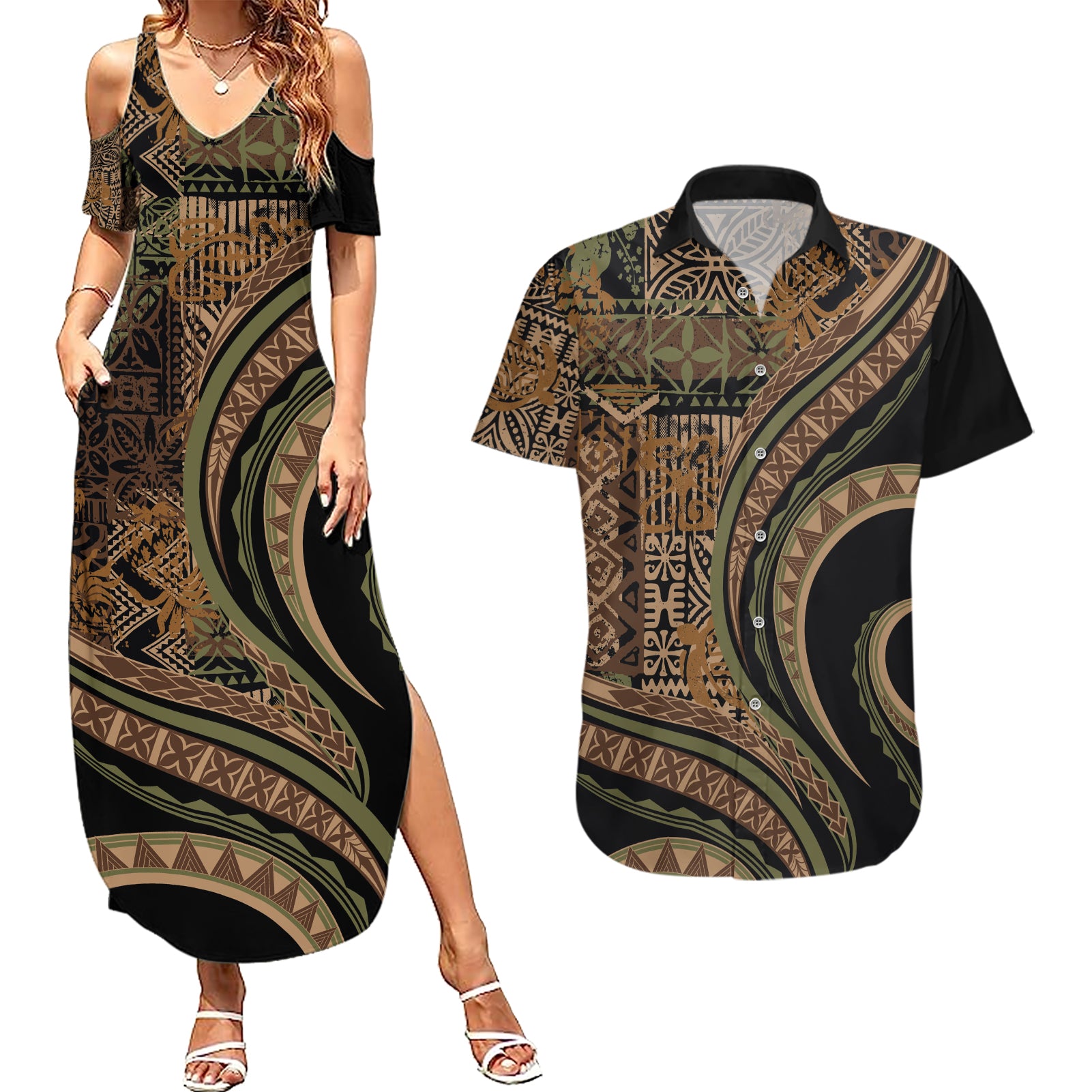 Hawaiian Hibiscus Tribal Vintage Motif Couples Matching Summer Maxi Dress and Hawaiian Shirt Ver 8