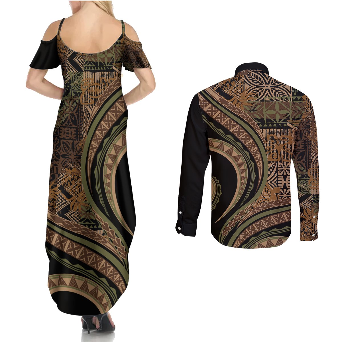 Hawaiian Hibiscus Tribal Vintage Motif Couples Matching Summer Maxi Dress and Long Sleeve Button Shirt Ver 8