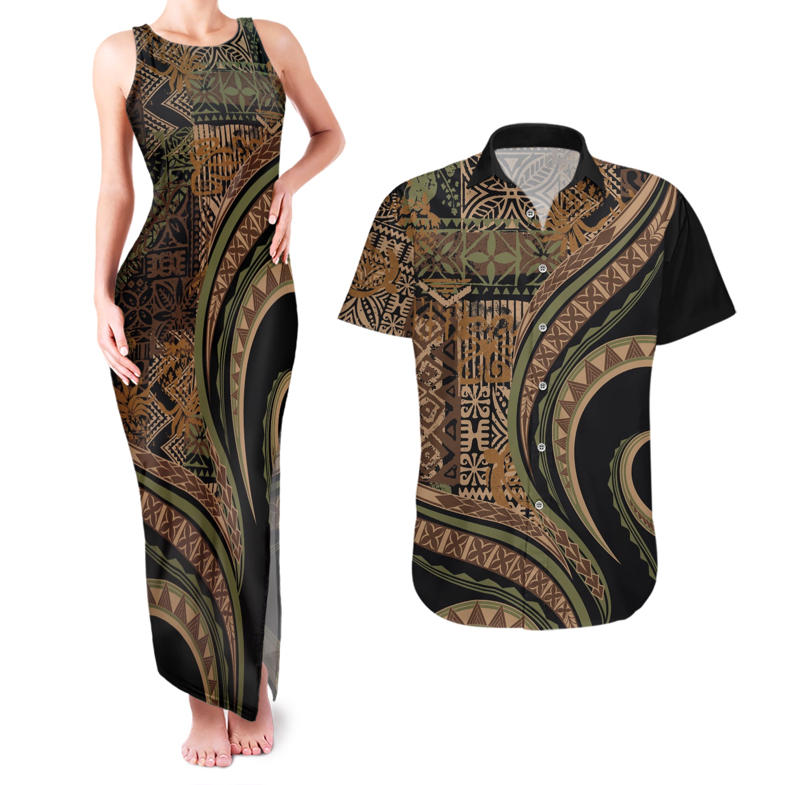 Hawaiian Hibiscus Tribal Vintage Motif Couples Matching Tank Maxi Dress and Hawaiian Shirt Ver 8