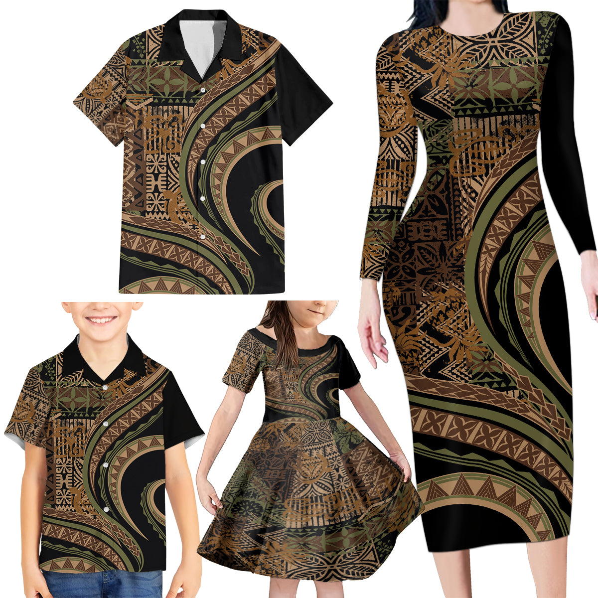 Hawaiian Hibiscus Tribal Vintage Motif Family Matching Long Sleeve Bodycon Dress and Hawaiian Shirt Ver 8 LT9 - Polynesian Pride