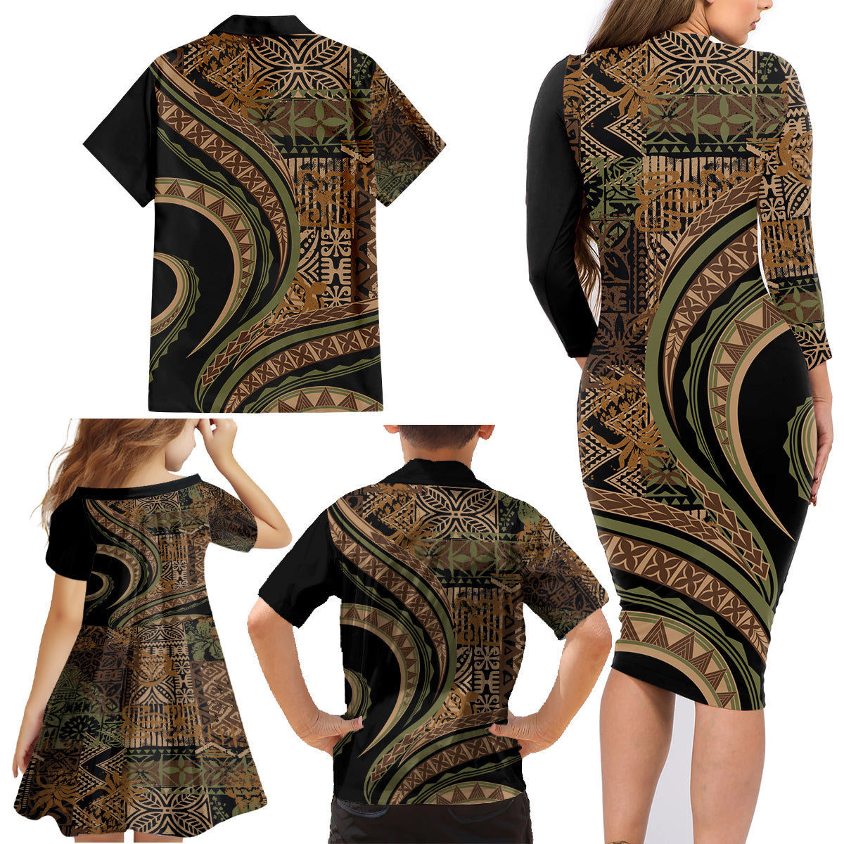 Hawaiian Hibiscus Tribal Vintage Motif Family Matching Long Sleeve Bodycon Dress and Hawaiian Shirt Ver 8 LT9 - Polynesian Pride