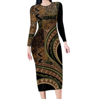Hawaiian Hibiscus Tribal Vintage Motif Family Matching Long Sleeve Bodycon Dress and Hawaiian Shirt Ver 8 LT9 Mom's Dress Brown - Polynesian Pride