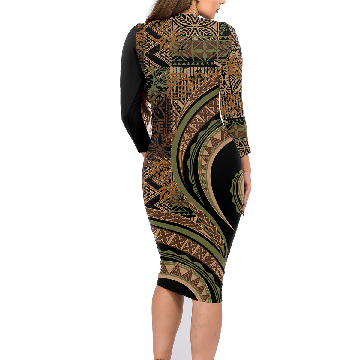 Hawaiian Hibiscus Tribal Vintage Motif Family Matching Long Sleeve Bodycon Dress and Hawaiian Shirt Ver 8 LT9 - Polynesian Pride