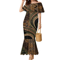 Hawaiian Hibiscus Tribal Vintage Motif Family Matching Mermaid Dress and Hawaiian Shirt Ver 8 LT9 Mom's Dress Brown - Polynesian Pride