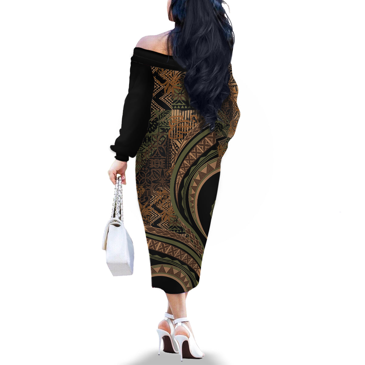 Hawaiian Hibiscus Tribal Vintage Motif Family Matching Off The Shoulder Long Sleeve Dress and Hawaiian Shirt Ver 8 LT9 - Polynesian Pride