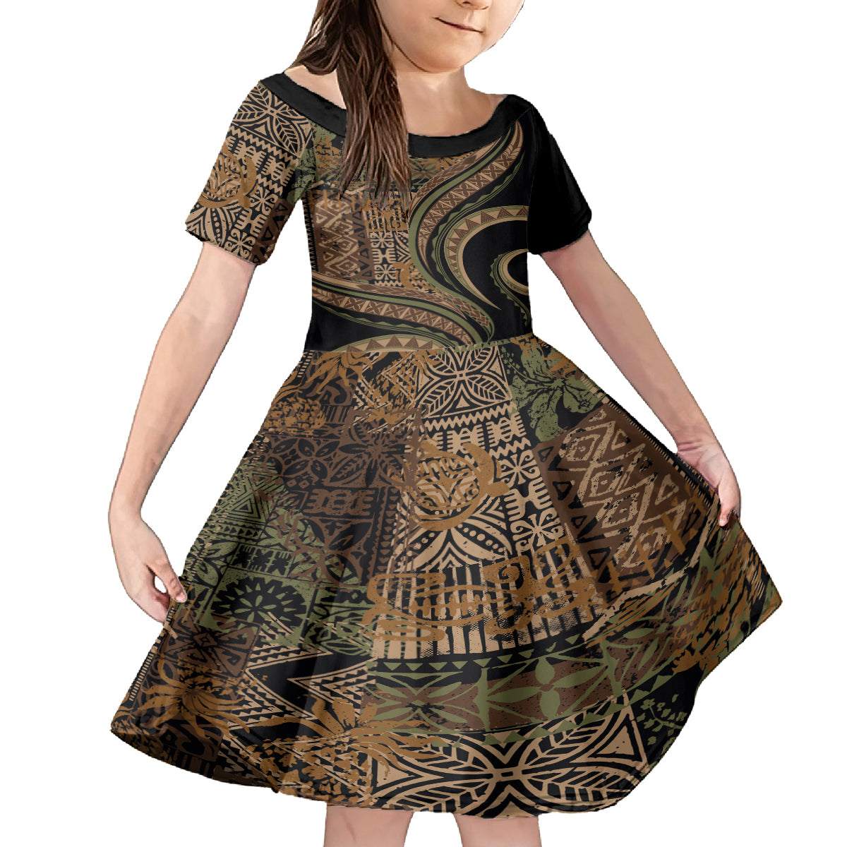 Hawaiian Hibiscus Tribal Vintage Motif Family Matching Off Shoulder Maxi Dress and Hawaiian Shirt Ver 8 LT9 Daughter's Dress Brown - Polynesian Pride