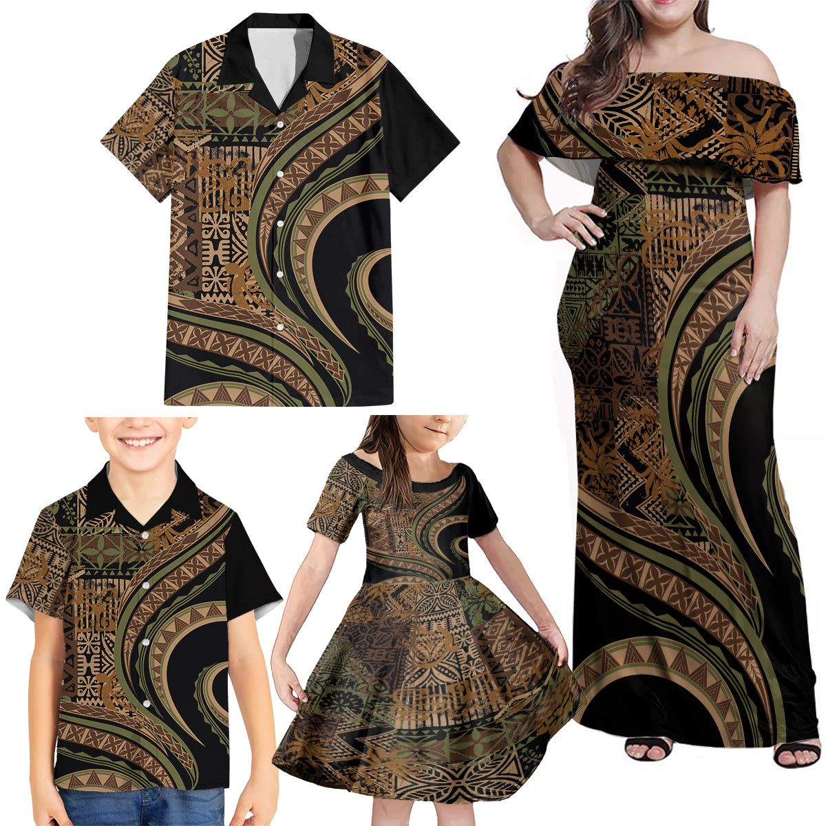 Hawaiian Hibiscus Tribal Vintage Motif Family Matching Off Shoulder Maxi Dress and Hawaiian Shirt Ver 8 LT9 - Polynesian Pride