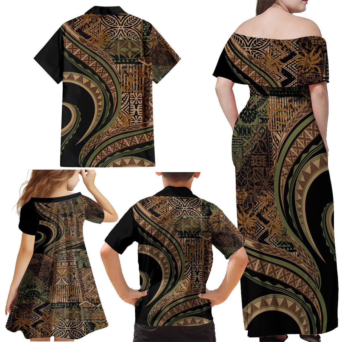 Hawaiian Hibiscus Tribal Vintage Motif Family Matching Off Shoulder Maxi Dress and Hawaiian Shirt Ver 8 LT9 - Polynesian Pride
