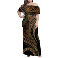 Hawaiian Hibiscus Tribal Vintage Motif Family Matching Off Shoulder Maxi Dress and Hawaiian Shirt Ver 8 LT9 Mom's Dress Brown - Polynesian Pride
