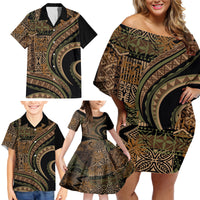 Hawaiian Hibiscus Tribal Vintage Motif Family Matching Off Shoulder Short Dress and Hawaiian Shirt Ver 8 LT9 - Polynesian Pride